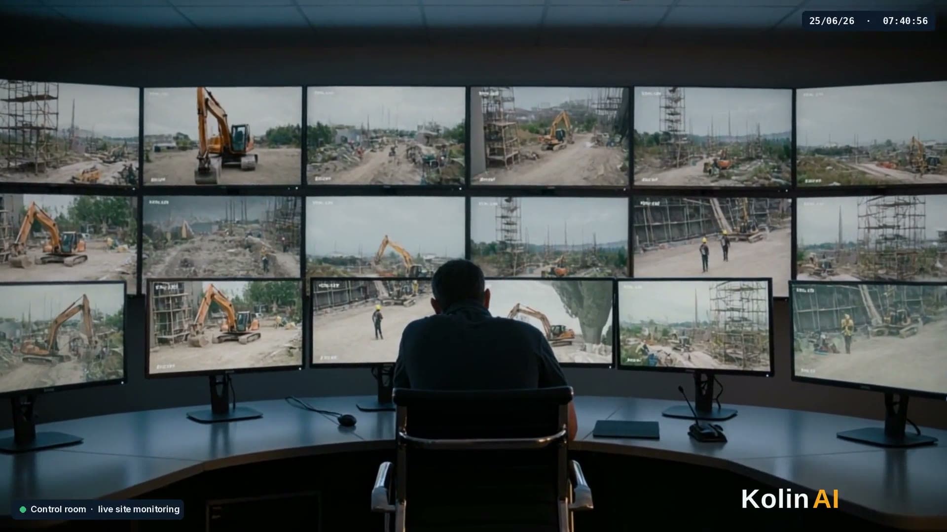 A control room with a wall of construction-site camera feeds